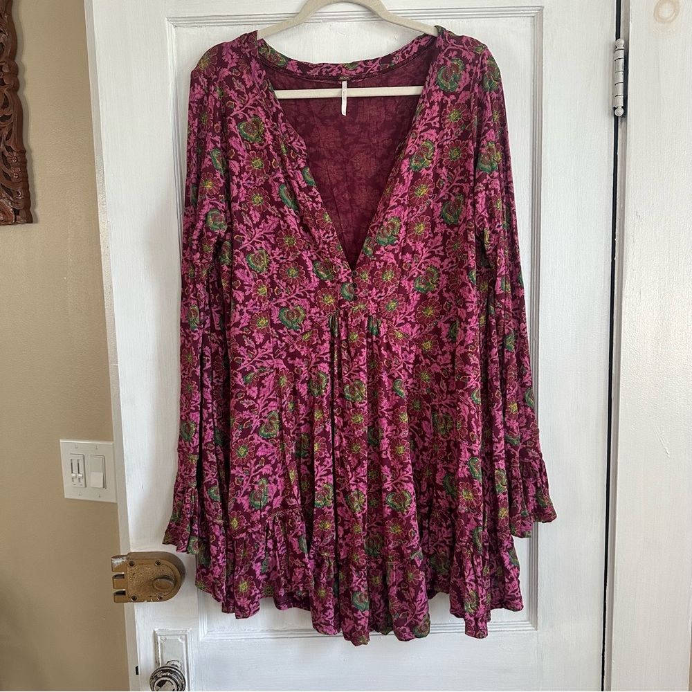 Free People Floral Pink and Green Tunic Shirt or Mini Dress